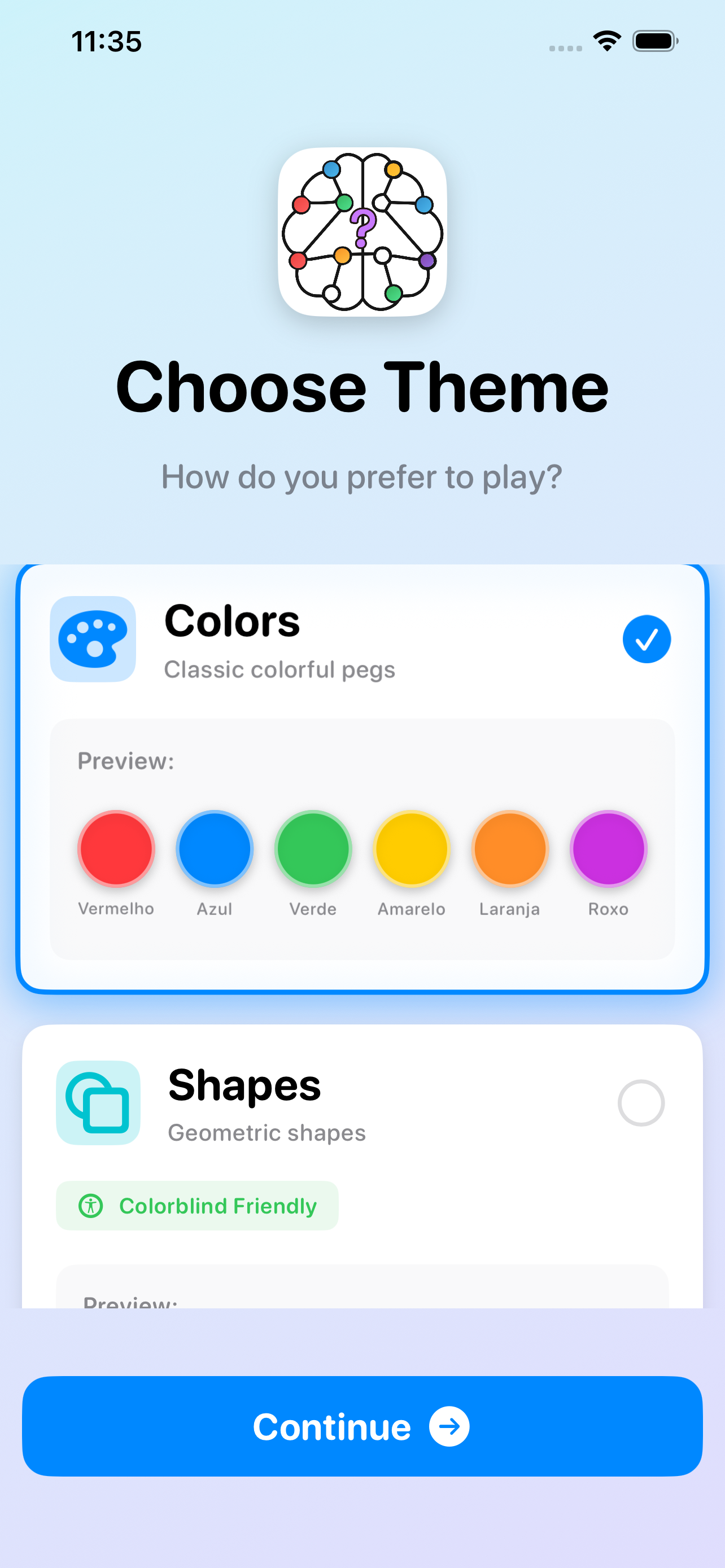 Screenshot do Senha - Mastermind Clássico mostrando a tela de escolha de tema com cores vibrantes